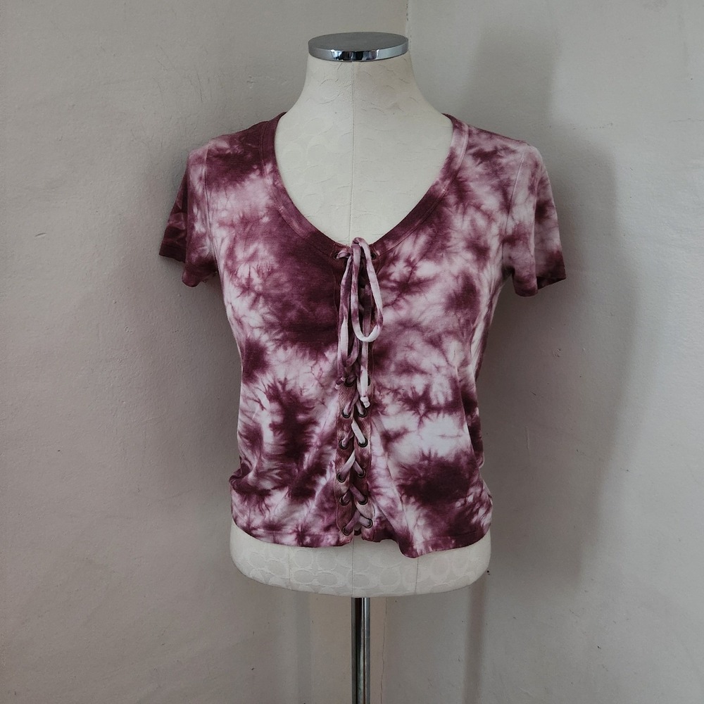 Aero Seriously Soft Tie Dye Lace Up V Neck T Shirt Top Womens Size S